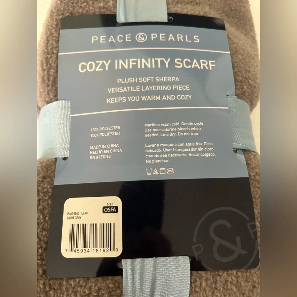 Peace & pearls NWT cozy infinity scarf gray